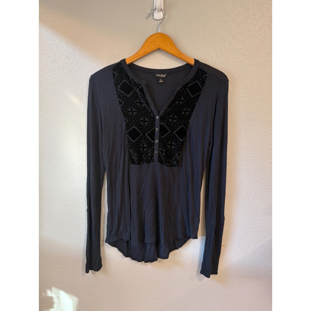 Lucky Brand Henley Top Women Small Black Velvet Burnout Boho Long Sleeve
